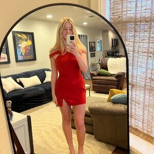 BCBGMaxAzria Red Mini Bodycon Dress with Ruching and Off the Shoulder Neckline